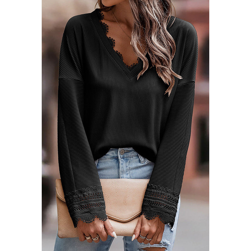 Thin Simple With A Solid Color Knitted Shirt Women Early Autumn New Lace Lace Edge V-Neck Long Sleeve Top Women