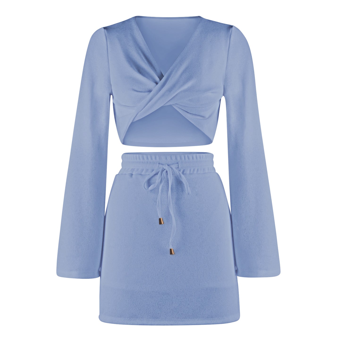 Solid Color Women's Fashion Kink Long Sleeve V-Neck Sexy Top Draw Rope Skirt Autumn Suit