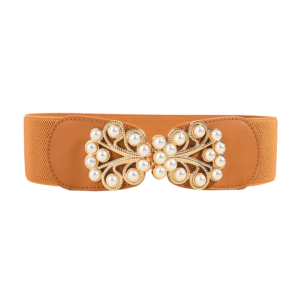 Ladies Elastic Wide Belt Pearl Leaf Metal Buckle Elastic Belt Suit Jacket Waist Hipster Belt