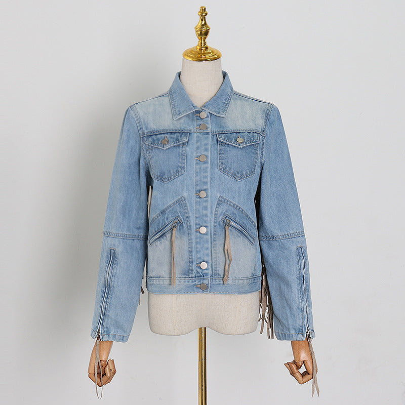 Autumn Fringe Jacket Top Fashion Long Sleeve Slim Punk Denim Coat Women