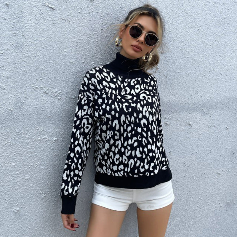 Fashion Women's Long-Sleeved Turtleneck Jacquard Black Leopard Print Sweater