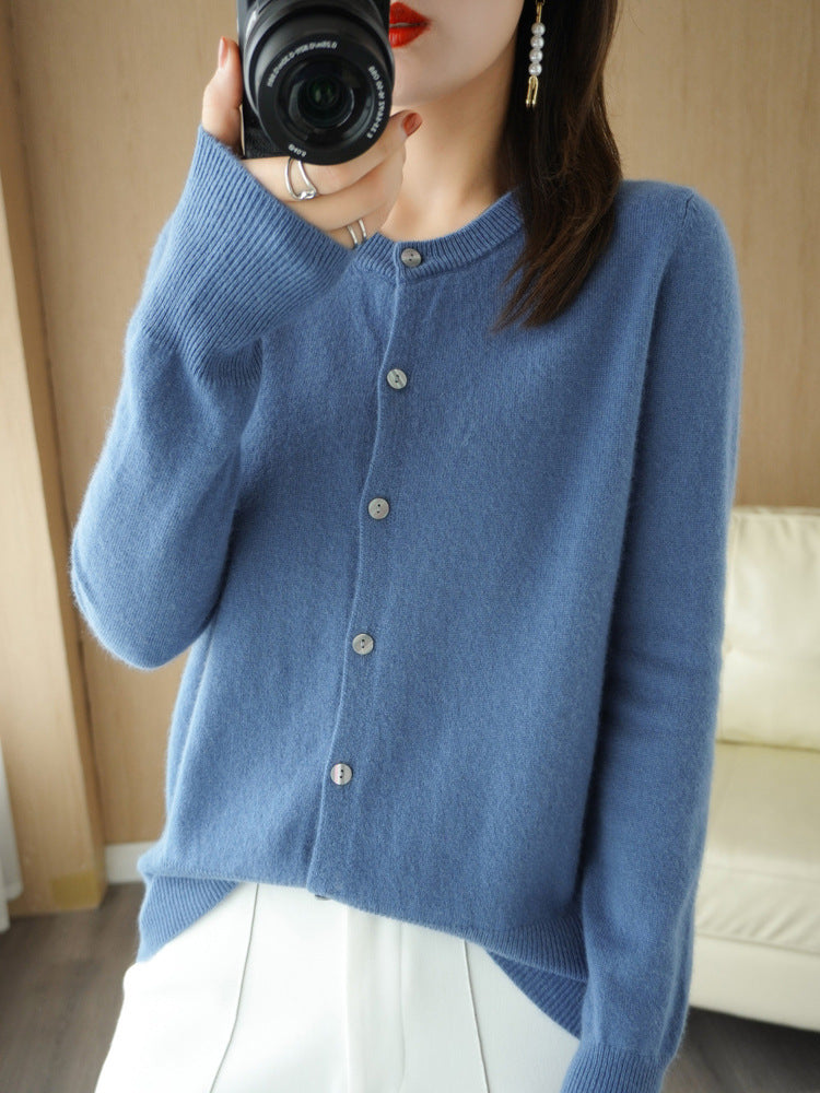 100 All-Wool Sweater Women's Knitted Crewneck Cardigan Casual Everyday Slimming Spring Cashmere