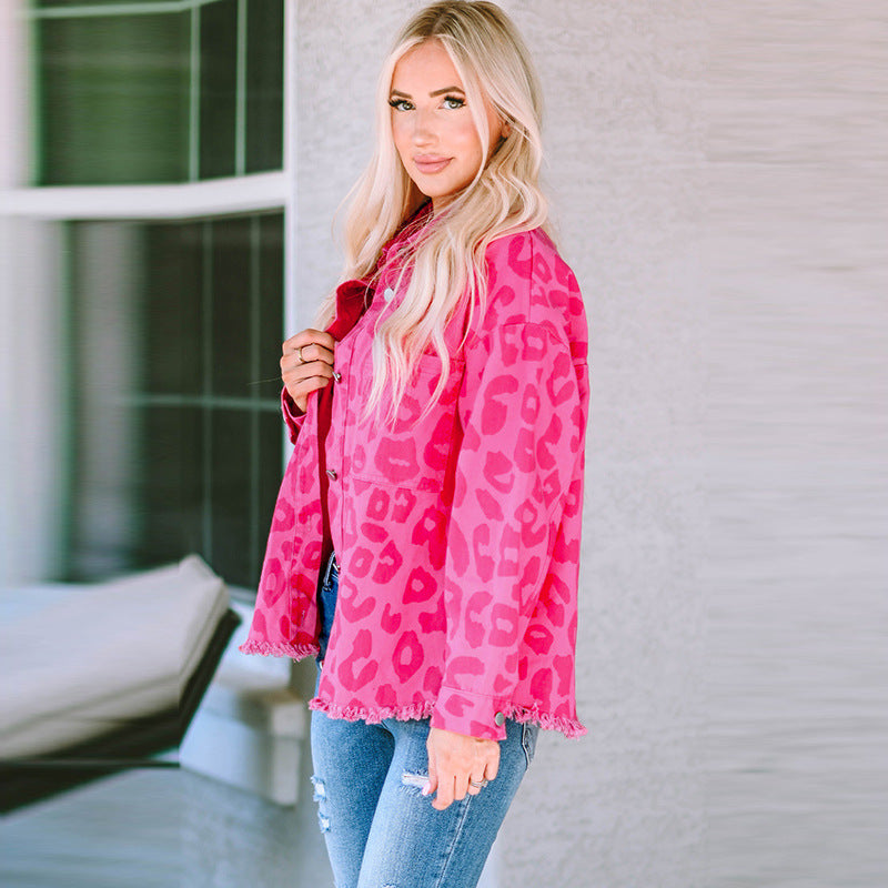 Autumn New Leopard Print Denim Jacket Women Casual Fashion Button-Sleeve Furred Long-Sleeved Coat Women