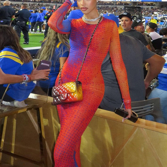 Kardashian With The Same Dress Round Neck Long Sleeve Bag Hip High Waist Sheath Skirt Fall And Winter Bottom With A Female Dress