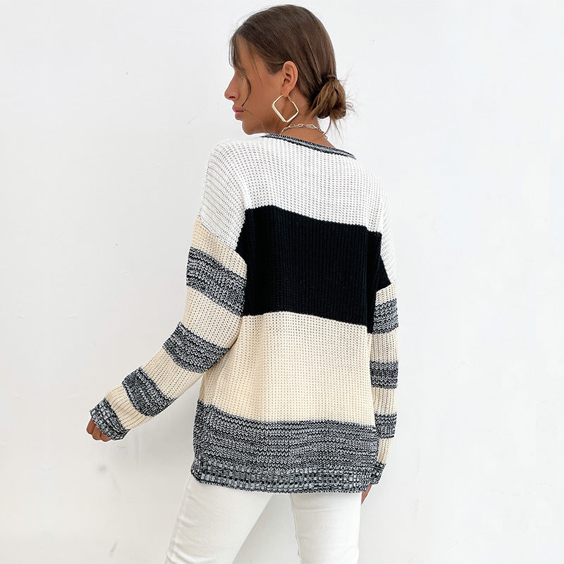 Autumn New Women's Thin Pullover Round Neck Black And White Color Sweater