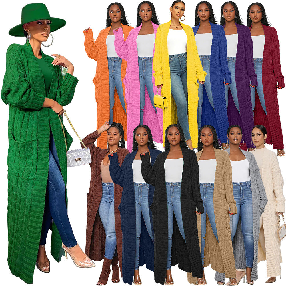 Women's Autumn And Winter New Loose Knit Cardigan Lazy Pocket Long Twist Sweater Coat