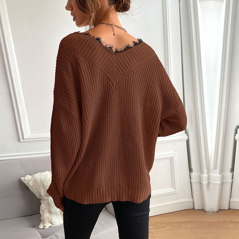 Autumn New Women's Stitching Lace Pullover Solid Color Knit Sweater Women