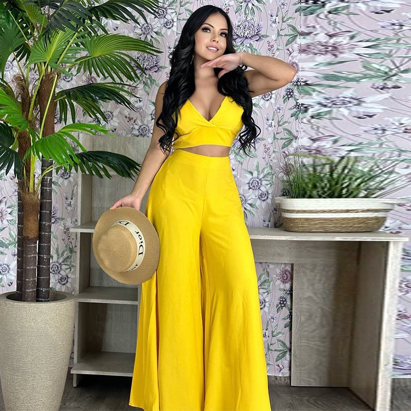 Women's Spring Two-Piece Solid Color Halter Vest High Waist Pocket Wide Leg Pants Casual Suit