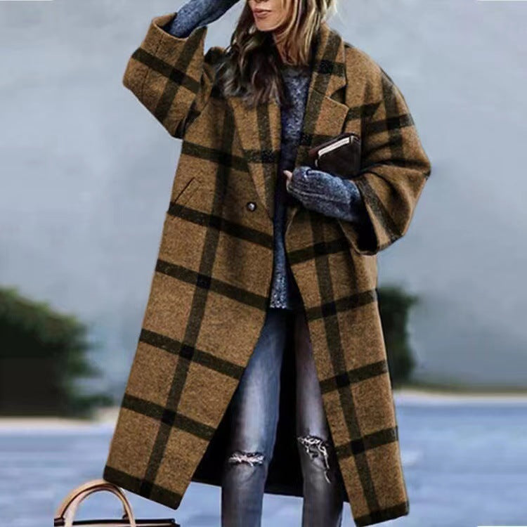 New Autumn Women's Long Sleeve Lapel Coat Printed Wool Long Coat