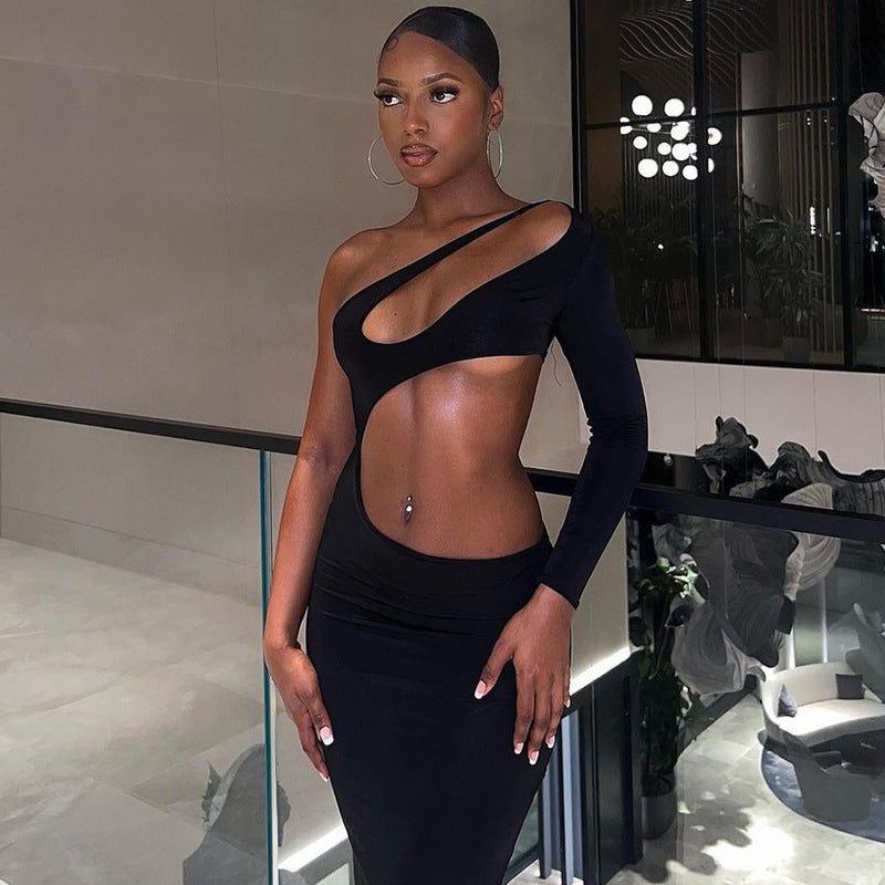 Hollow Out Irregular Tight Skirt Single Shoulder Long Sleeve Women's Skirt Skew Shoulder Sexy Dress Slim-Fit Bag Hip Skirt
