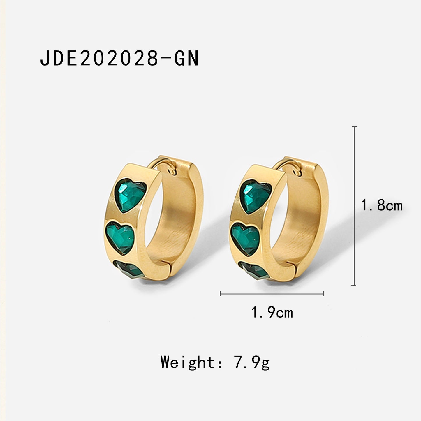 5pcs 14K Gold Green/White Heart Zircon Inlaid Stainless Steel Earrings Fashion Earrings Women