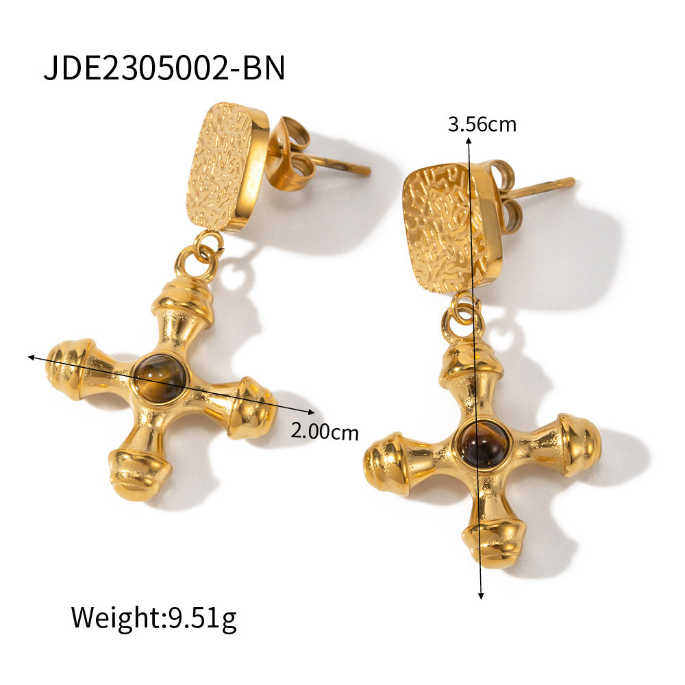 5pcs 18K Gold Stainless Steel Inlaid Tiger Eye Stone Cross Pendant Earrings Women's Fashion All-In-One Earrings