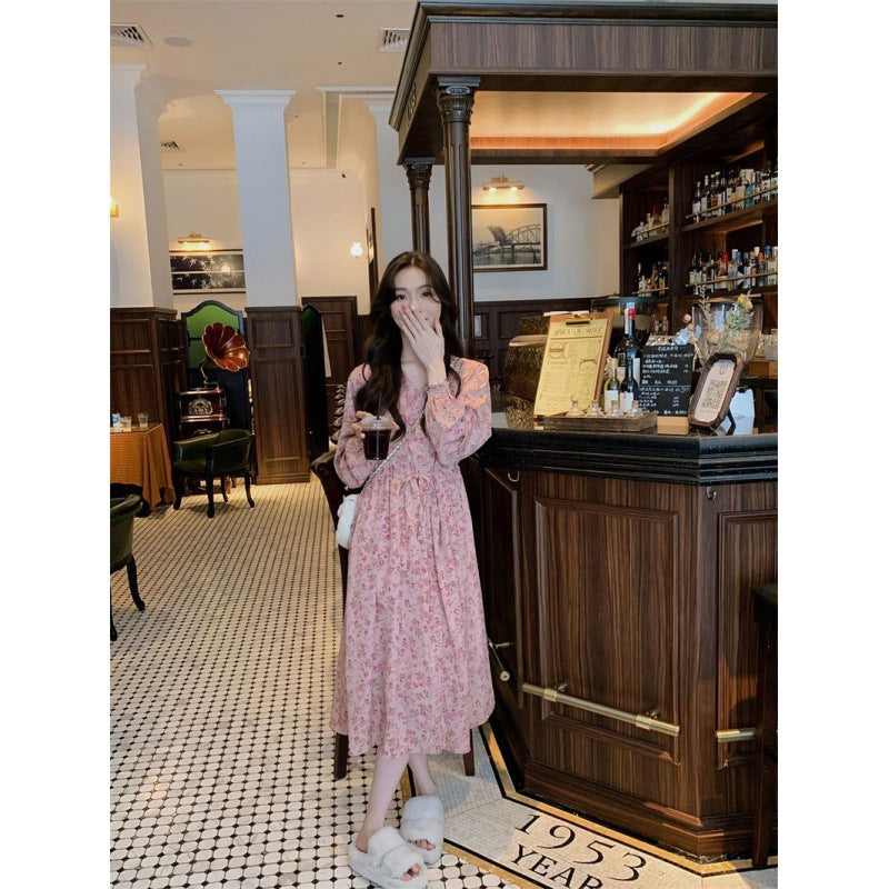 Spring Dress New Rose Tea Break Dress Flower Yao Print Temperament V-Neck Long Floral Dress Female