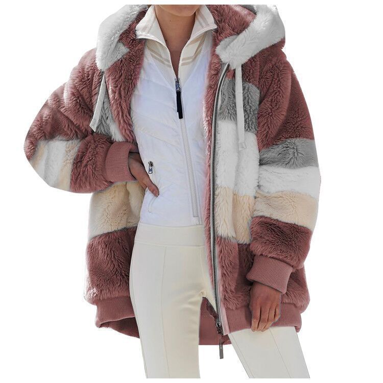 Autumn/Winter Warm Plush Patchwork Zipper Pocket Hooded Loose Coat For Women