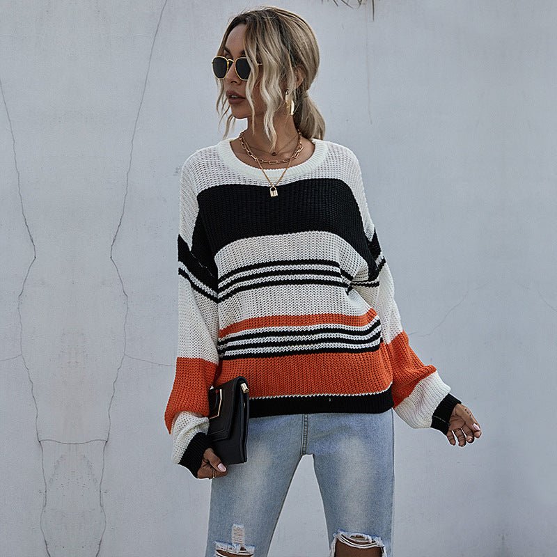 Three-Color Patchwork Striped Knit Sweater Women Loose Long Sleeve Autumn