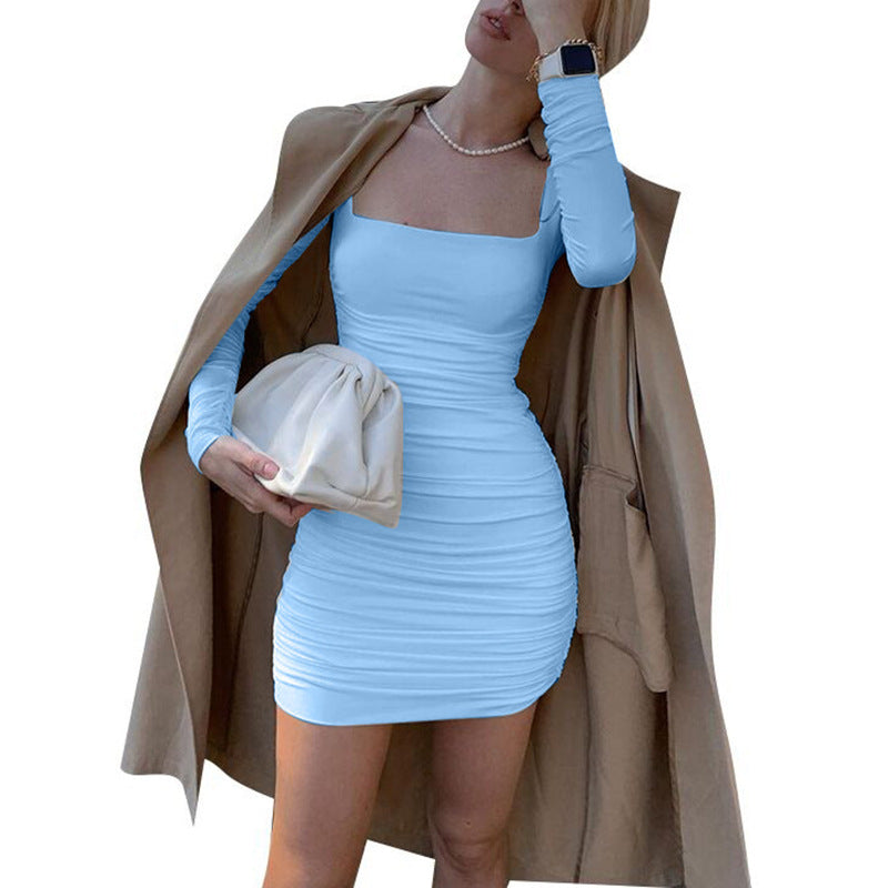 Station Elegant Intellectual Temperament Slim-Fit Pleated Dress Long-Sleeved One-Line Collar Close-Bottomed Skirt