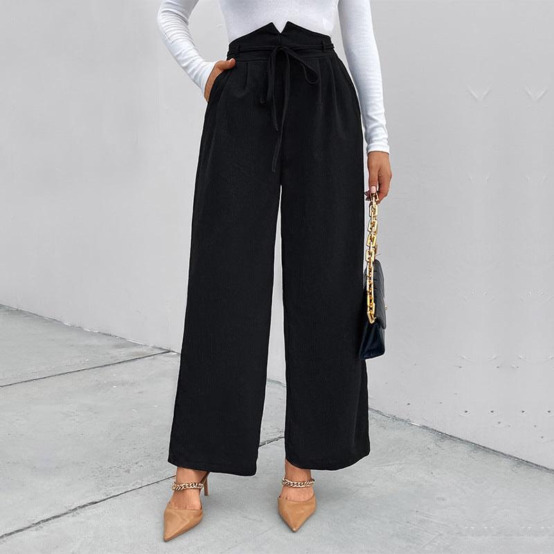 Casual High-Waist Wide-Leg Pants Straight Commuter Casual Pants Spring And Autumn New Loose Lace-Up Pants