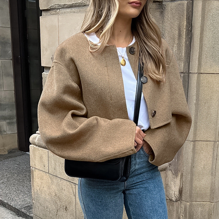 Brown Slouchy Niche Design Maillard Woolen Coat Autumn Winter Women's Short Top