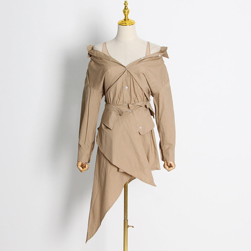 Spring New Fashion Temperament Of The Girl A Line Collar Single Breasted Muslin Patchwork Vest Asymmetrical Dress Female