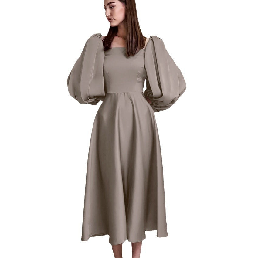 Spring Sexy Temperament Sense Party Evening Dress Fashion Color Satin Satin Square Neck Puffy Sleeve Dress