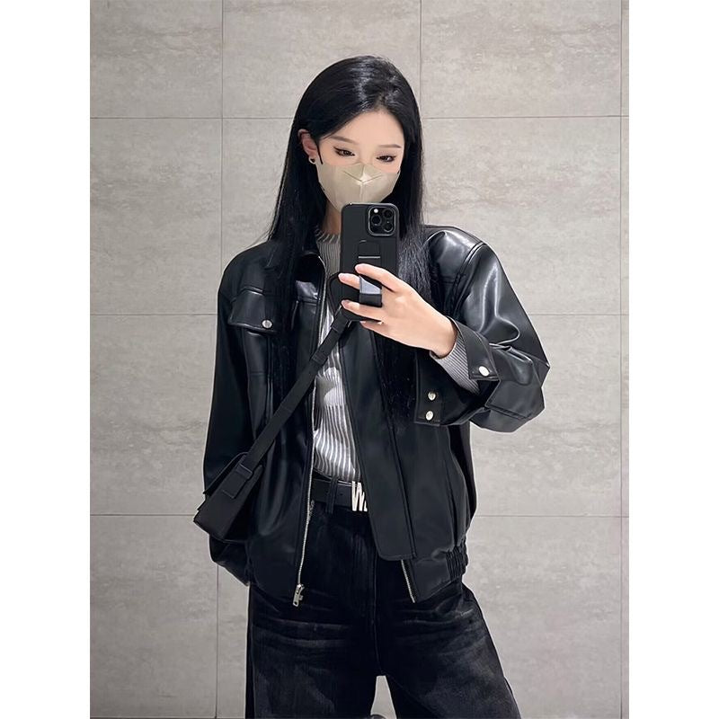 Brown Leather Coat Women Spring And Autumn New American Retro Senior Design Sense Of Niche Motorcycle Couple Jacket