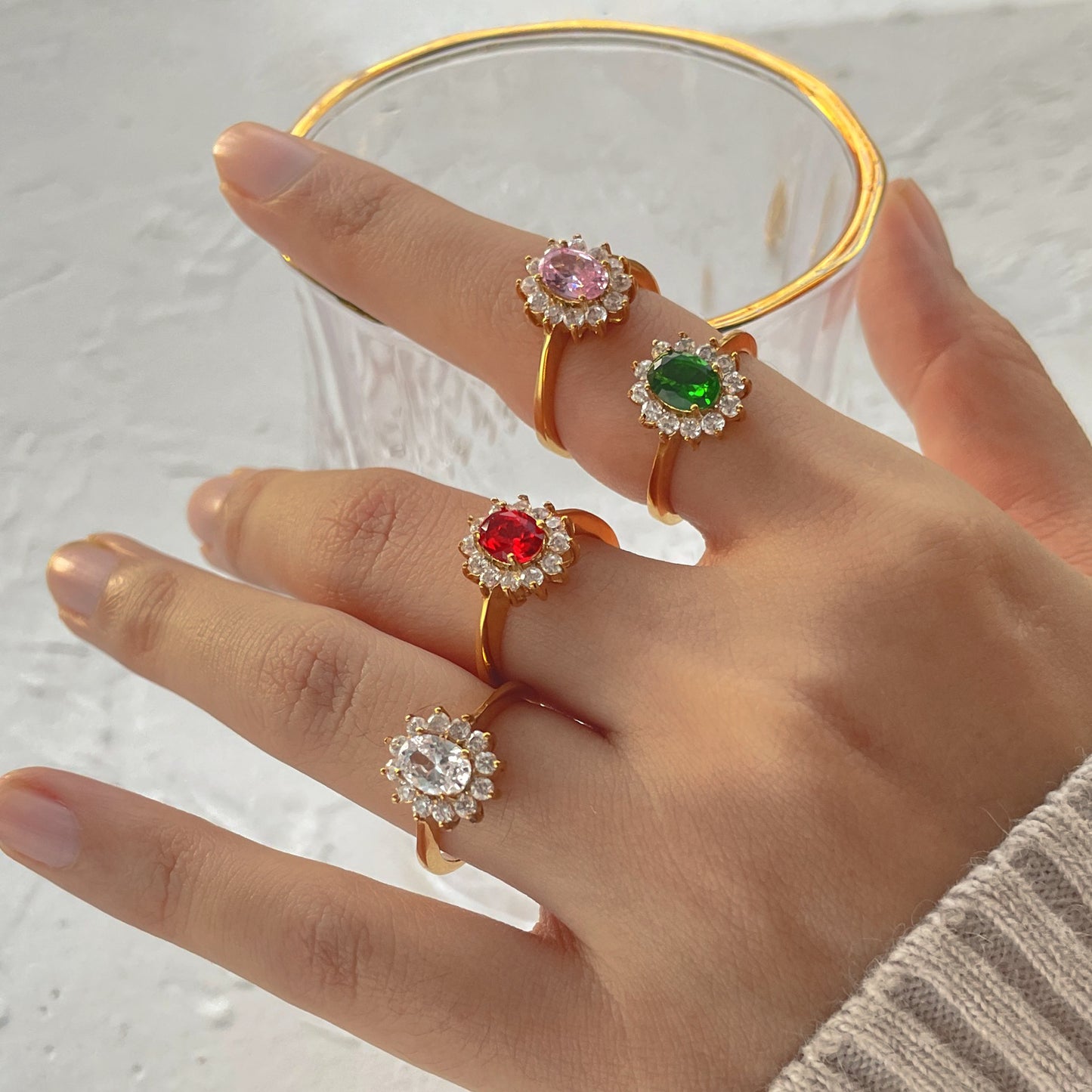 5pcs 18K Gold Plated Double Rough Zircon Ring Stainless Steel Bound Oval Colored Zircon Ring Jewelry Female