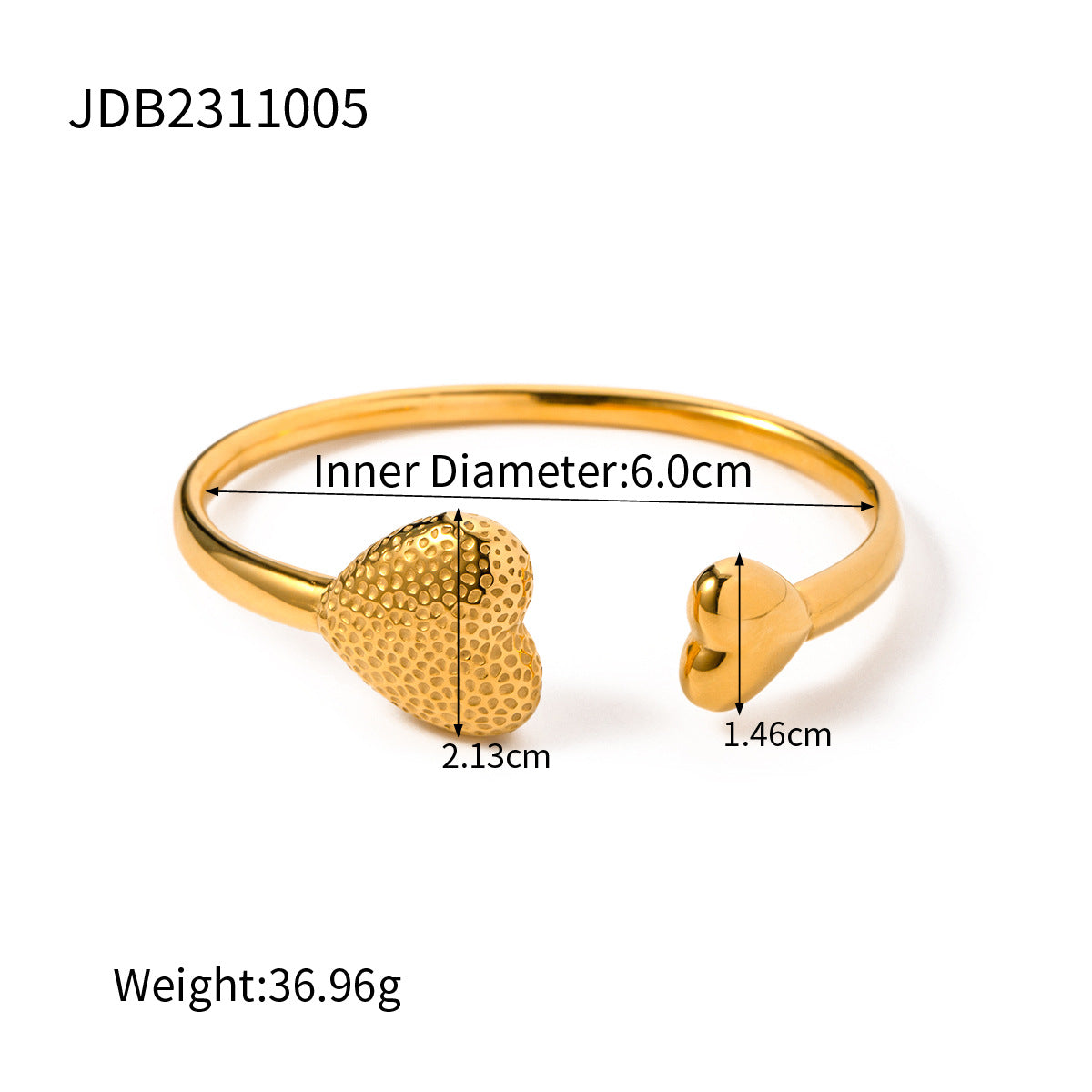 5pcs 18K Gold Stainless Steel Hammer Heart Asymmetrical Bracelet Light Luxury High-Grade Temperament Titanium Steel Bracelet