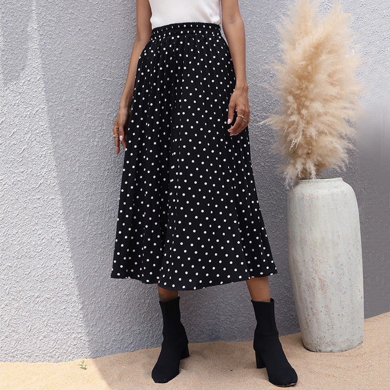 New Pleated Skirt Slimming Mid-Length Polka Dot Black Skirt