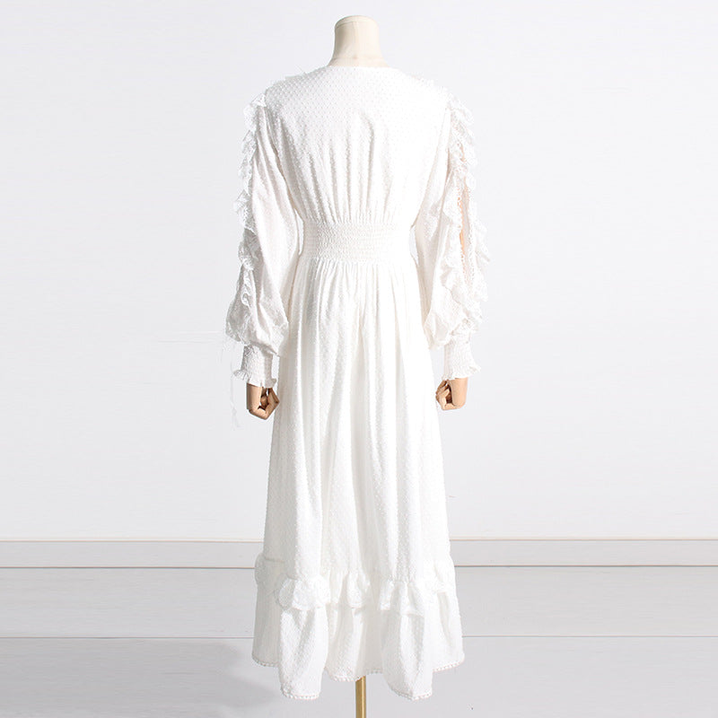 Spring New V-Neck Thin Temperament High Waist Thin Long Sleeve Irregular Skirt Dress Women