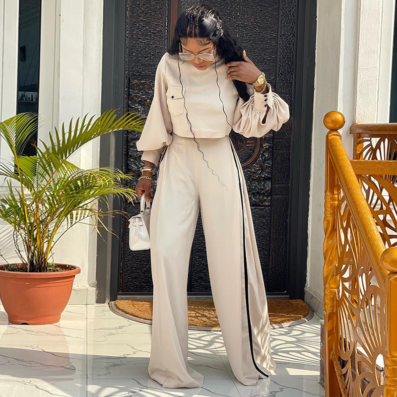 Women's Autumn New Large-Size Loose Half High-Neck Long-Sleeved Blouse Wide-Leg Pants Casual Suit