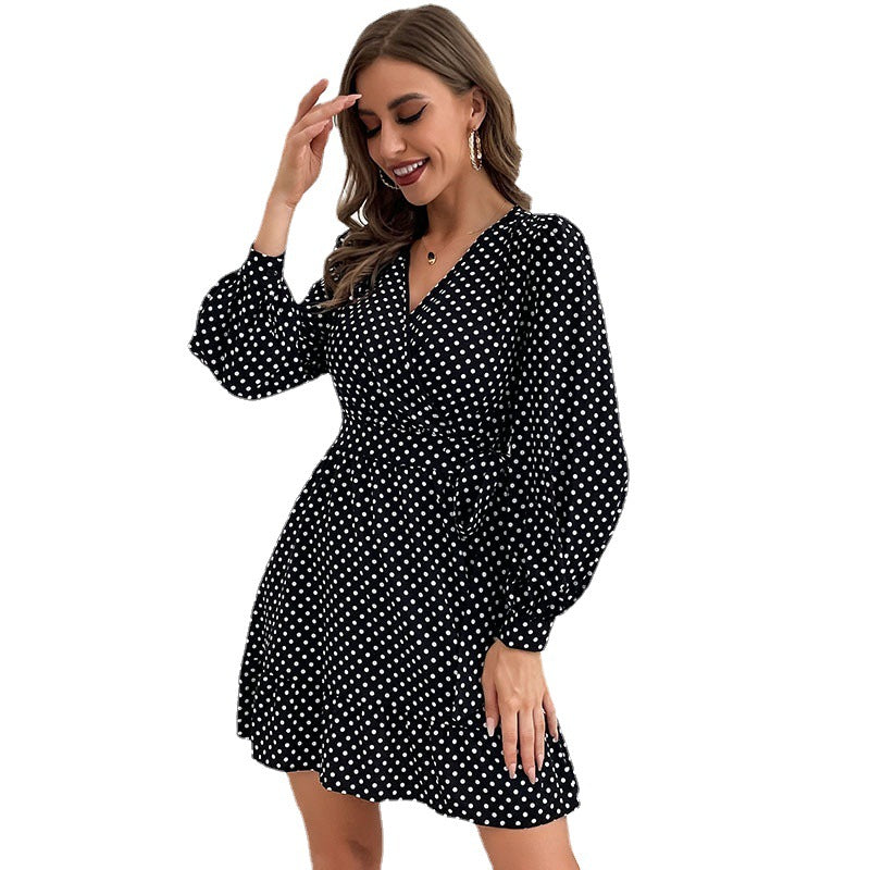 Fashion Women's Polka Dot Long-Sleeved V-Neck Black Bottom Dress