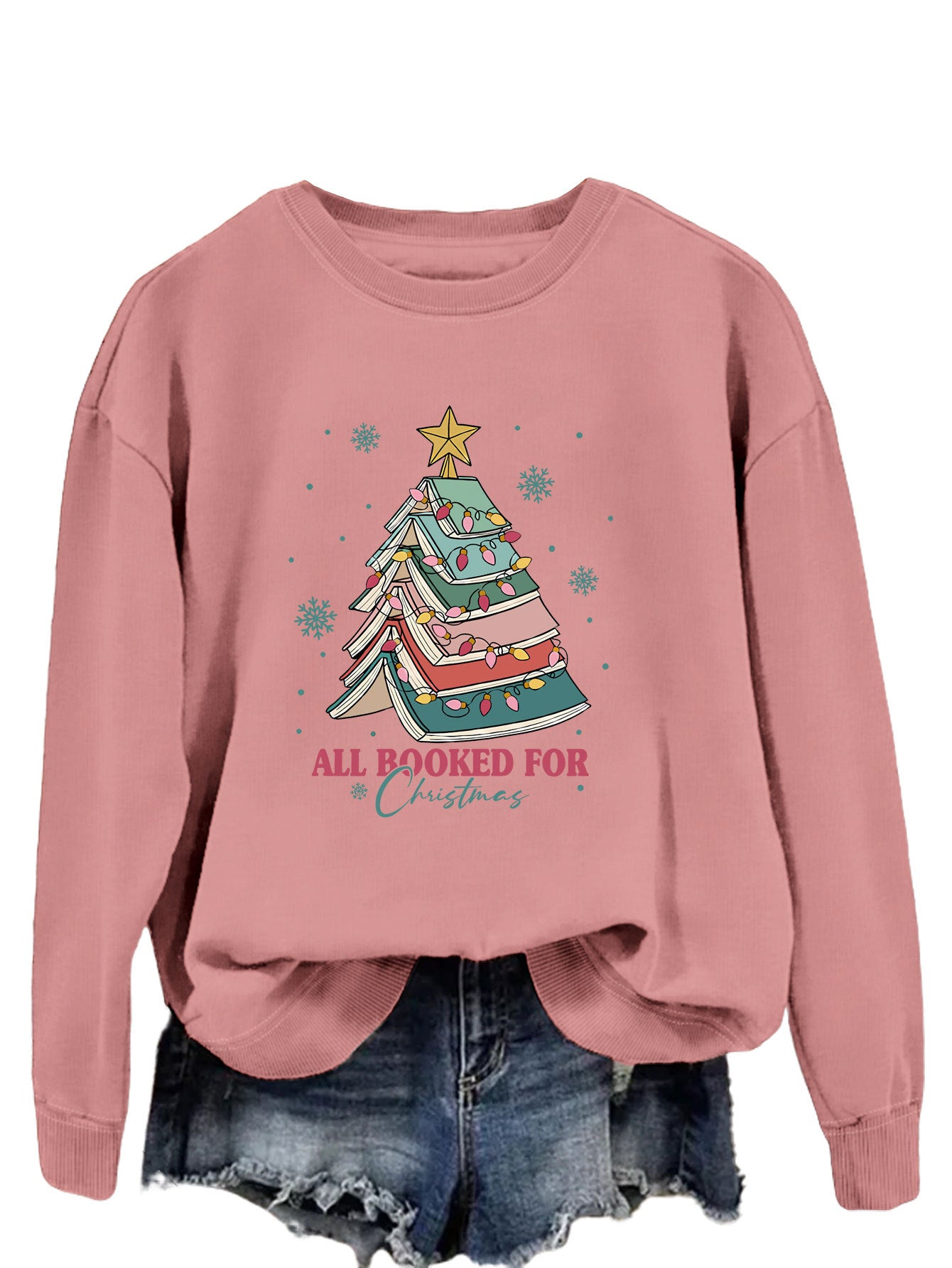 All Booked For Christmas Letters Fun Printed Casual Crew-Neck Hoodie