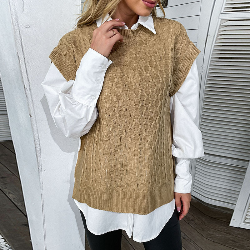 Early Autumn Fashion Women's Solid-Color Short-Sleeved Knitted Twist Sweater Vest Woman