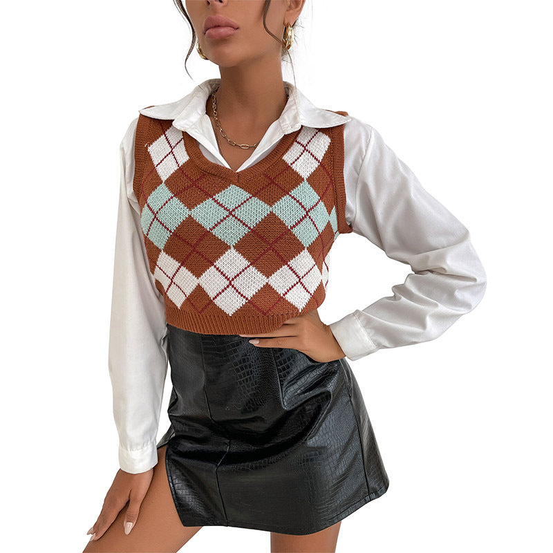 Early Autumn Fashion Women's Short Sleeveless Diamond Check Vest Sweater