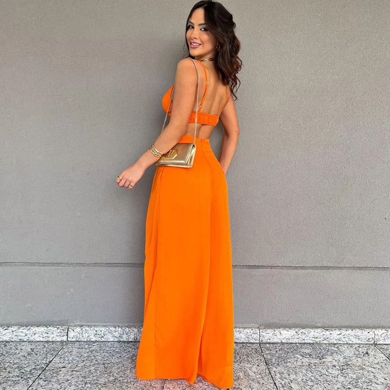 New Hottie Outfit Sexy Suspenders Sleeveless Wide-Leg Pants Two-Piece