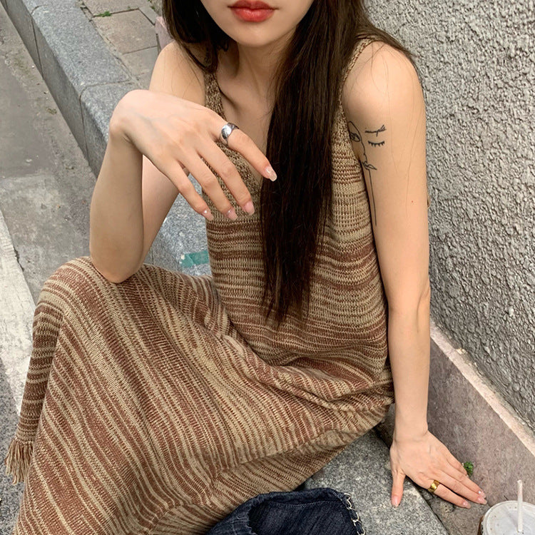 Vintage V-Neck Fringe Striped Knit Slip Dress Women's Spring And Autumn New Dress With A Bottom Over The Knee Skirt Summer