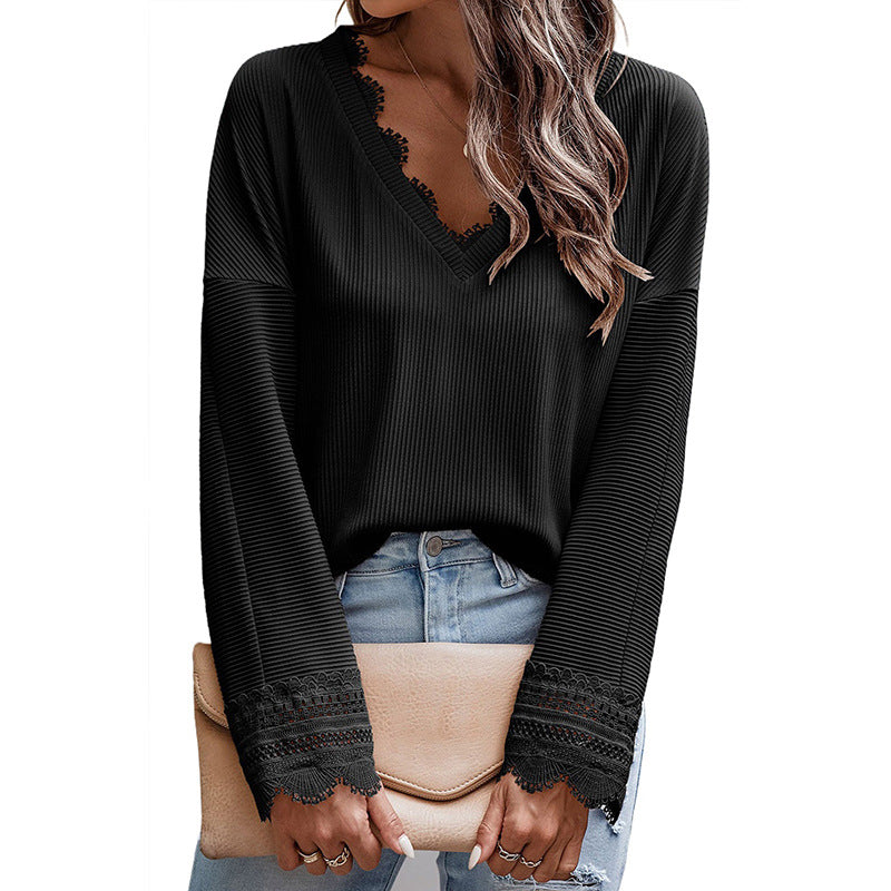 Thin Simple With A Solid Color Knitted Shirt Women Early Autumn New Lace Lace Edge V-Neck Long Sleeve Top Women