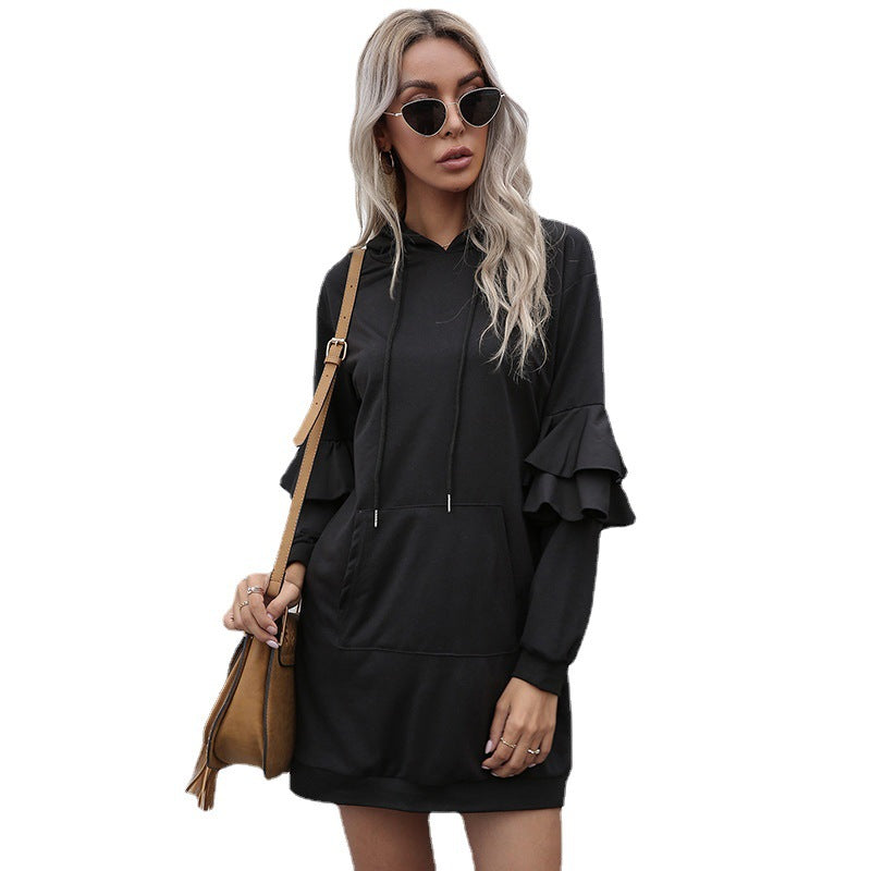 New Long-Sleeved Pullover With Hooded Skirt Women's Dress Flanged Spell Continuous Hoodie Dress