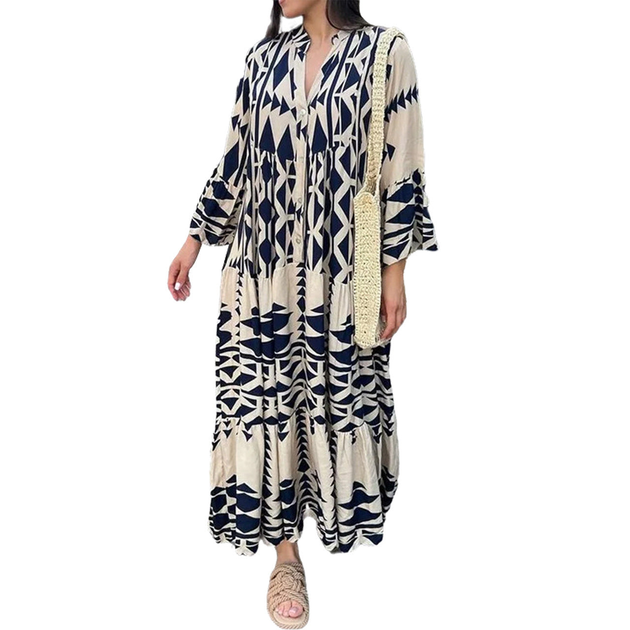 Large Size Women's Dress Autumn New Pullover Printed Bohemian Dress Women