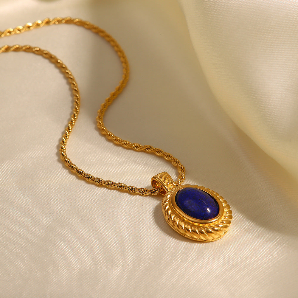 5pcs Cold Everything With Retro Temperament Personality Regular Chain Inset Lapis Lazio Oval Pendant Necklace