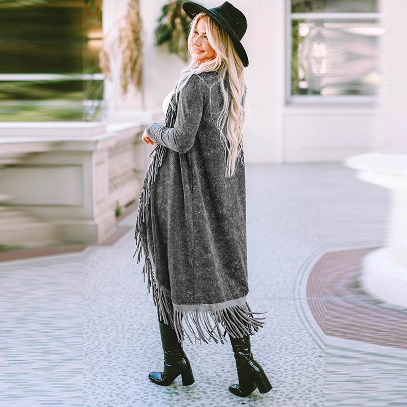 Shiying Hot Autumn New Solid Color Cardigan Women Long Design Sense Fringe Long-Sleeved Knitwear Women