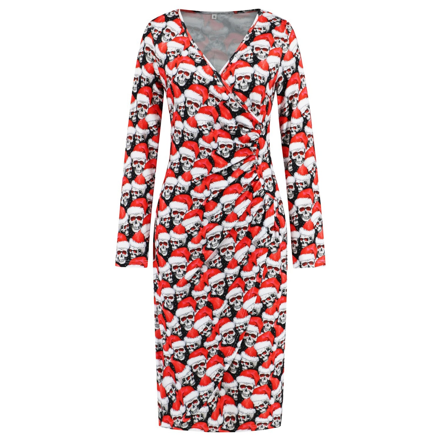 Christmas Printed Dress V-Neck Slimming Slim Dress Autumn And Winter Women's Plus-Size