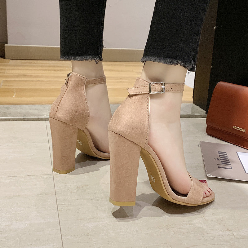 Summer New One Line Open Toe Sandals Women's Buckle Thick Heel High Heel Fish Mouth Sandals