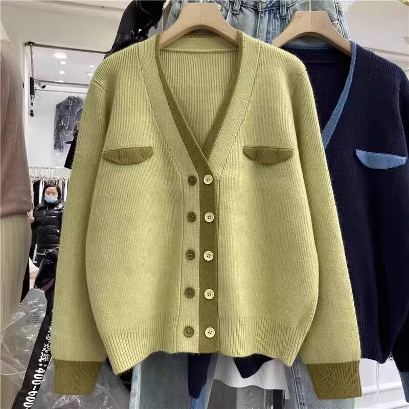 Small Fragrance Quality Double Breasted Knitted Cardigan Women's Design Sense Of Color Patchwork Small Soft Waxy Sweater Coat Top