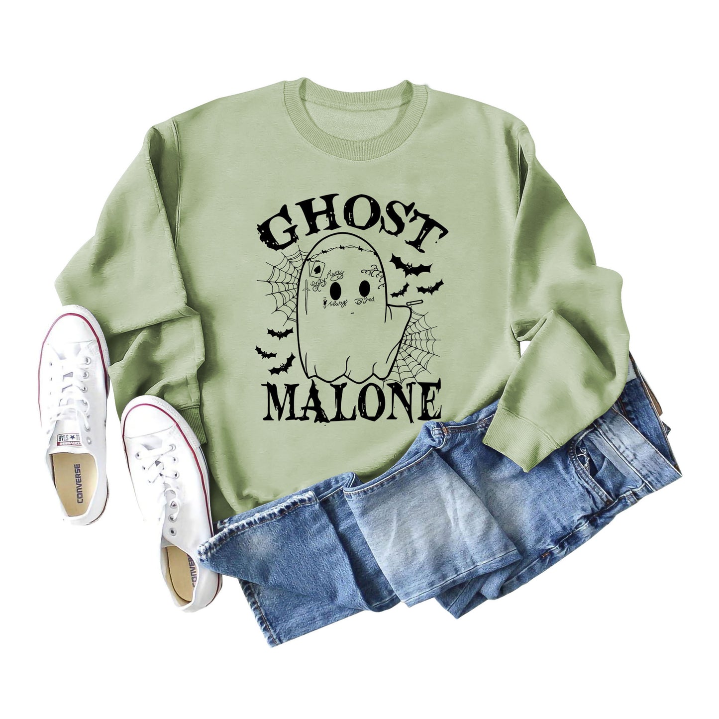 Ghost Malone Letter Round Neck Fashion Bat Round Neck Halloween Long Sleeve Hoodie