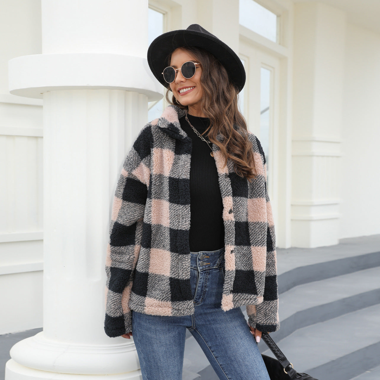 Mid-Length Autumn-Winter Button-Up Warm Coat Women's Retro Long-Sleeved Lapel Plaid Double-Sided Plush Coat