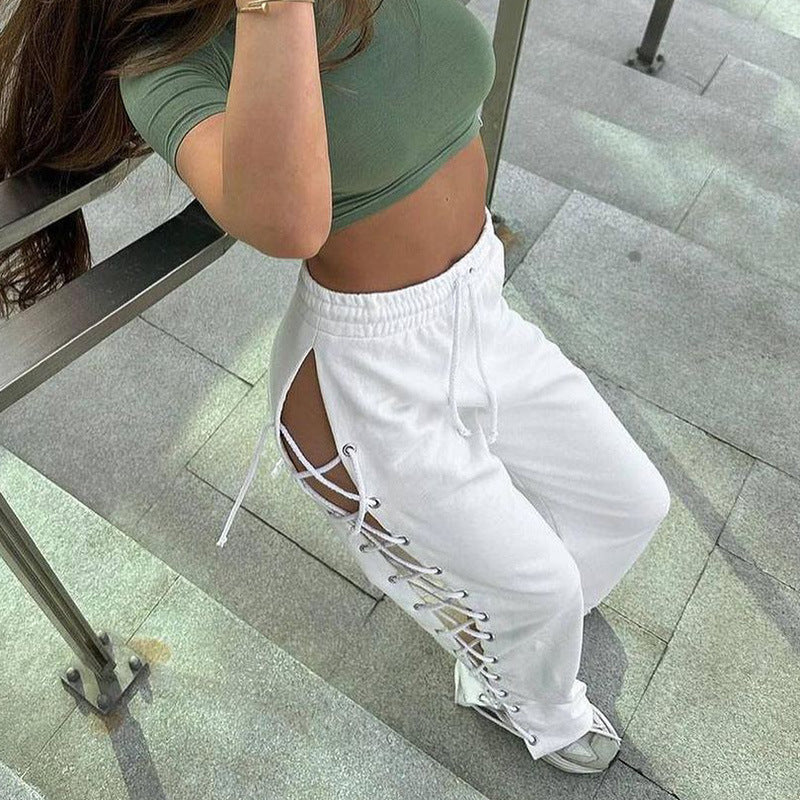 Summer Style Street All Slim Side Slit Lacing With Hollow-Out Wide-Leg Pants Women