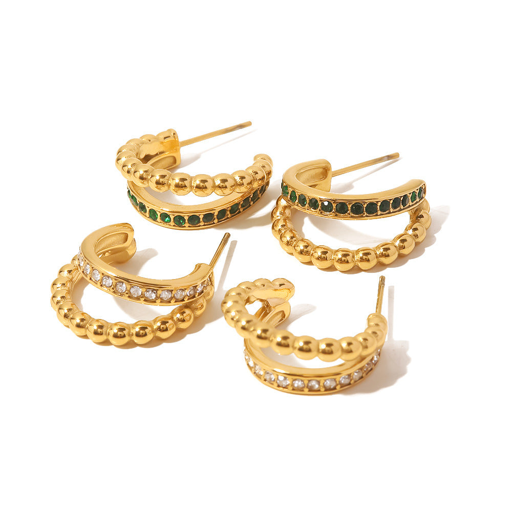 5pcs The New 18K Gold Plated Stainless Steel Fashion All-Match C-Shaped Double Gold Beads Set With Green/White Diamond Earrings