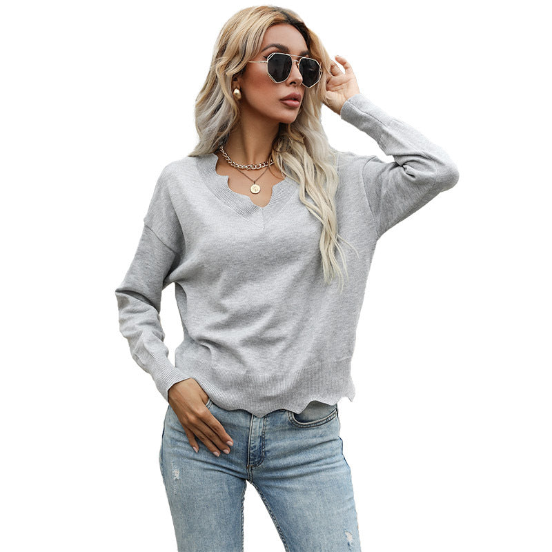 Fashion Women In Autumn With Loose Long-Sleeved Gray Lace Sweater