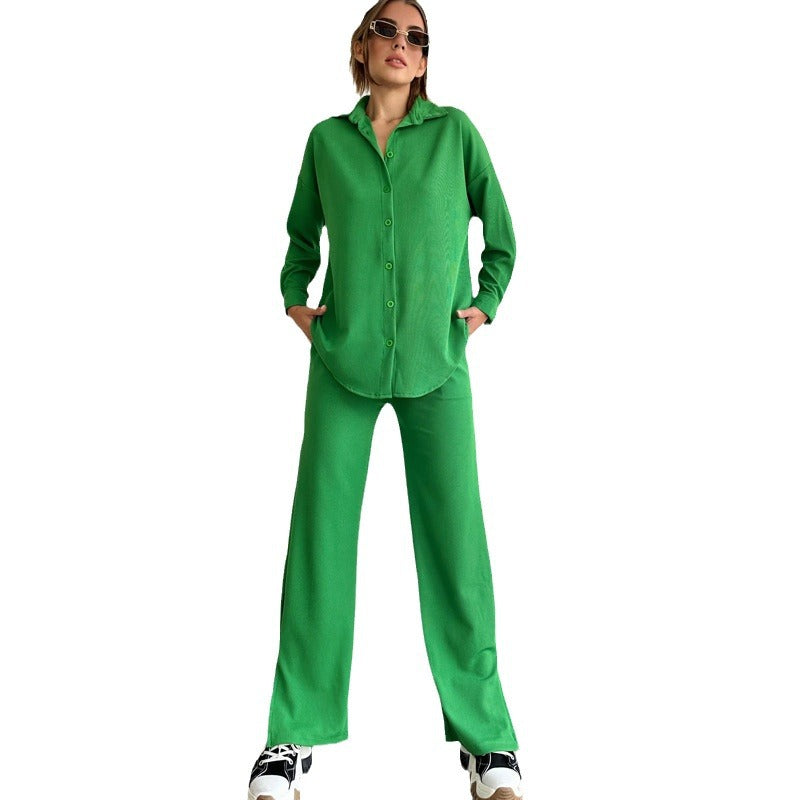 Fashion Casual Suit Cardigan Lapel Long Sleeve Solid Color Loose Pants Women's Two-Piece Set